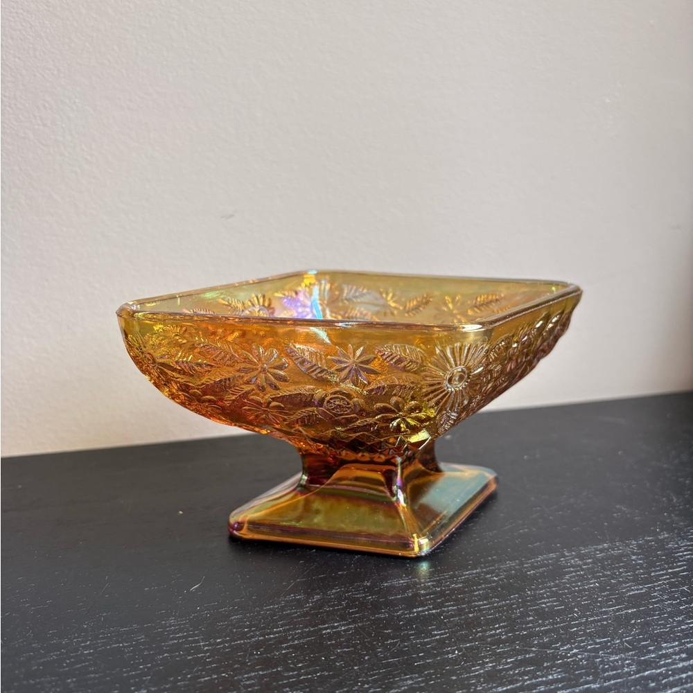 Iridescent Amber Glass Pedestal Bowl